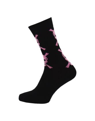 Ladies Ankle Pink Skull On Black Socks