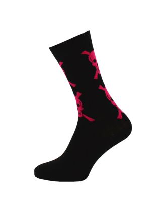 Ladies Ankle Fuchsia Skull On Black Socks