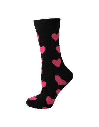Ladies Ankle Neon Pink Hearts On Black Socks