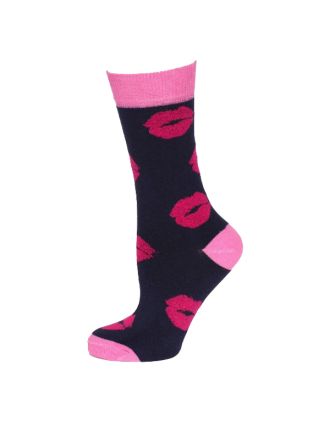 Ladies Ankle Pink Lips On Black Socks