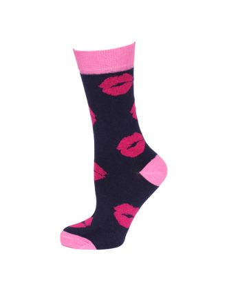 Ladies Ankle Pink Lips On Navy Socks