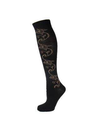Green Flowers On Black Designed Knee High Socks