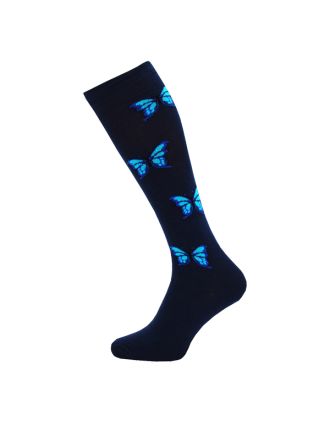 Blue Butterfly on Navy Knee High Sock - SLK-0743