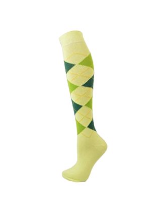 Knee High  Socks Argyle Pattern Green On Light Yellow