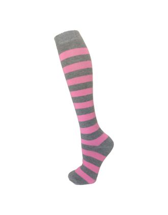 Grey & Pink Thick Stripe Knee High Women Socks