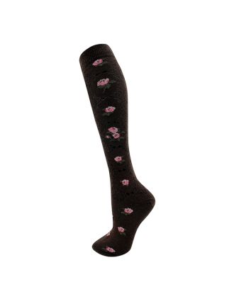 Pink Flowers On Dark Brown Knee High Socks 