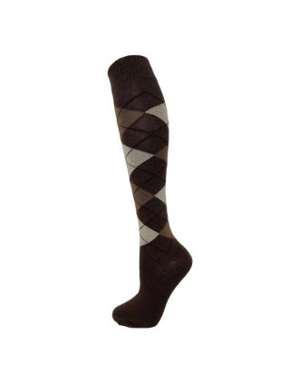 Brown Latte White with Black Lines Argyle Knee High Socks