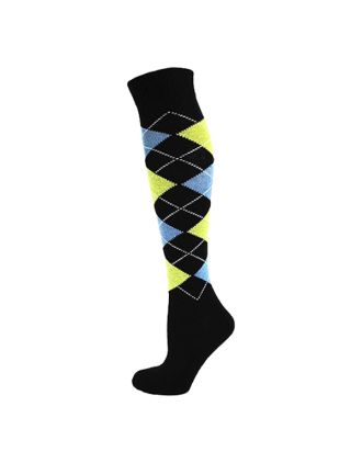 Blue Yellow on Black with White Lines Argyle Knee High Socks 