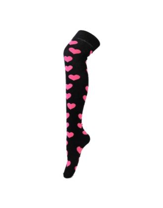 Neon Fushia Hearts On Black Design Over The Knee Socks