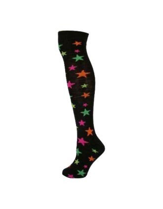 Colourful Neon Stars On Black Over the Knee Socks
