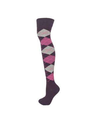 Women's Fushia White Argyle Designed Over The Knee Socks