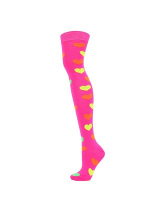 Over The Knee Neon Hearts On Neon Fuchsia Socks