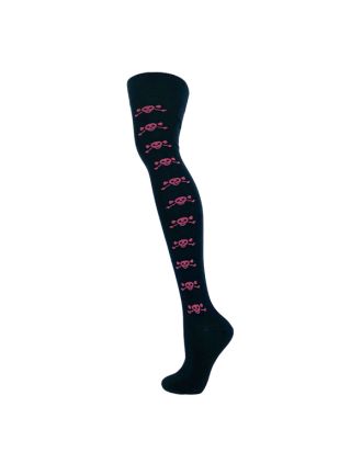 Fushia Small Skull and Bones On Black Over The Knee Socks
