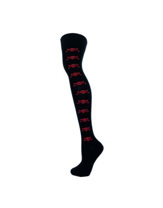 Red Small Skull and Bones On Black Over The Knee Socks
