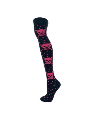 Fushia Spotty Design Skull Over The Knee Socks