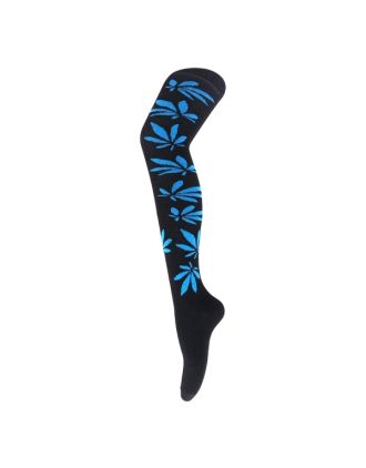 Turquoise Leaf on Black Over the Knee Socks