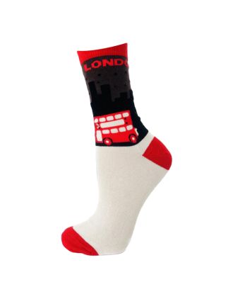 London Red Bus On Cream And Black Woman Ankle Socks