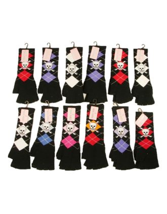 White Skull On Argyle Assorted Long Fingerless Gloves