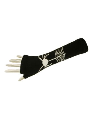 White Spider With Web On Black Fingerless Long Gloves