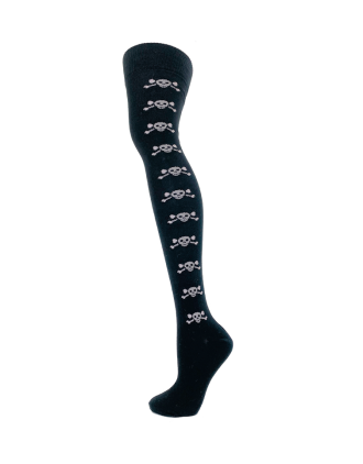 Assorted Small Skull And Bones On Black Over The Knee Socks