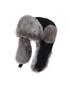 Adults' Unisex Black Leather Look Trapper Hat With Black Faux Fur Trim