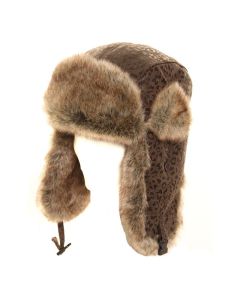 Women's Brown Animal Print Trapper Hat With Faux Fur Trim