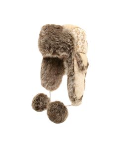Two Tone Trapper Hat With Faux Fur Trim And Faux Fur Pom-Poms