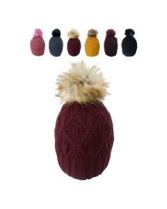Cable Faux Fur Pom Pom Line Beanie Hat