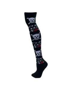 Punks Not Dead White Skull-Bones On Black Over The Knee Socks