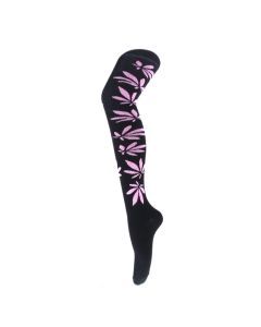 Pink Leaf on Black Over the Knee Socks