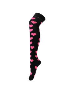 Neon Fushia Hearts On Black Design Over The Knee Socks