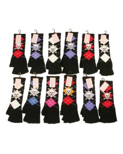 White Skull On Argyle Assorted Long Fingerless Gloves